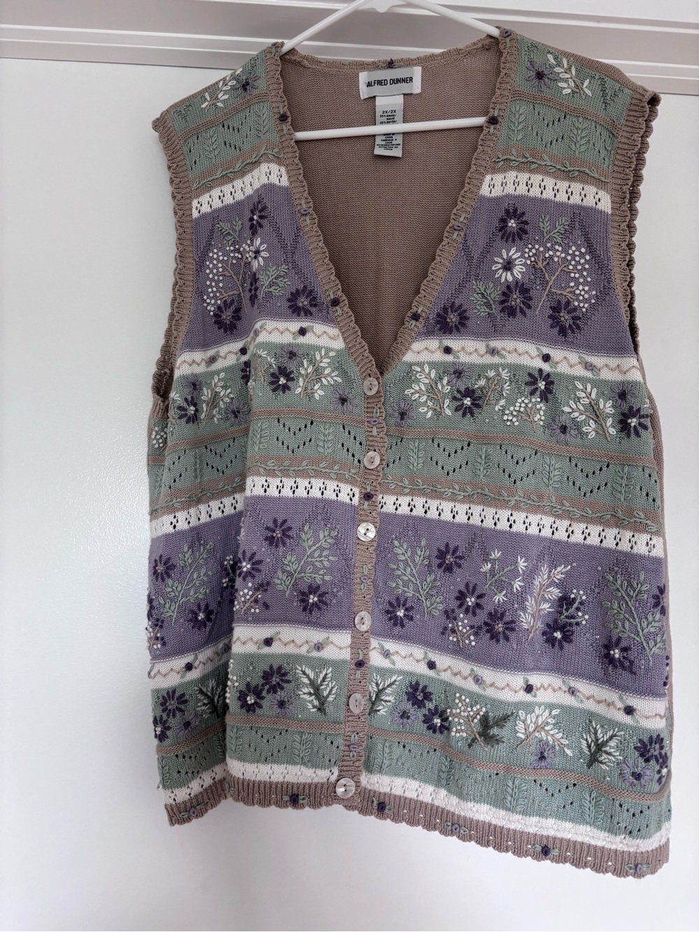 Alfred Dunner Lavender, Sage & Cream Floral Knit Button Vest